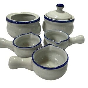 VTG Stoneware Crock French Onion Soup Cream & Blue with Handle Six‎ Pieces